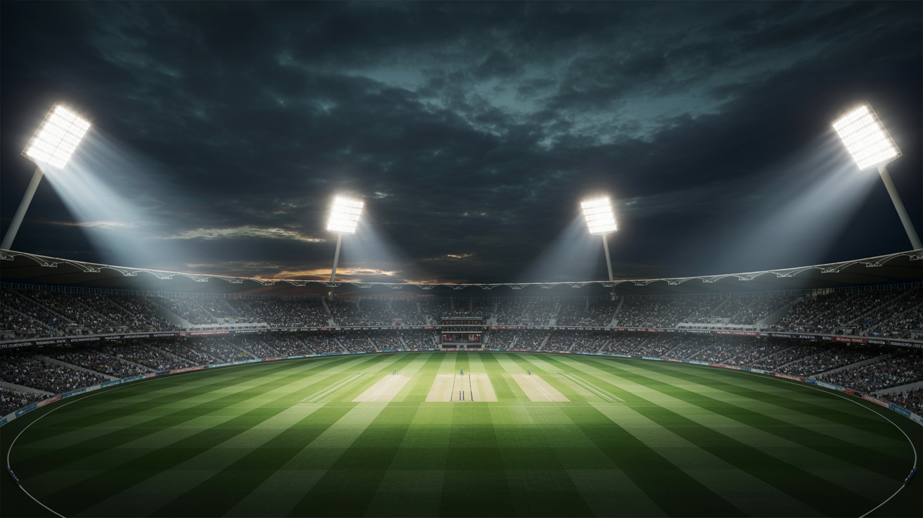Cricket stadium at night with dramatic floodlights